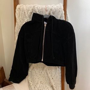Princess Polly Black Cropped Corduroy Hooded Jacket Size 4